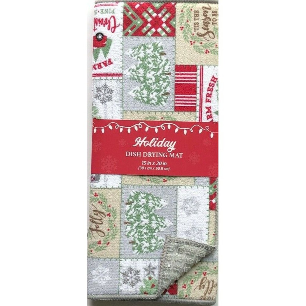 Christmas Tree Red Farm Truck Dish Drying Mat Holiday Super Absorbent 15x20"